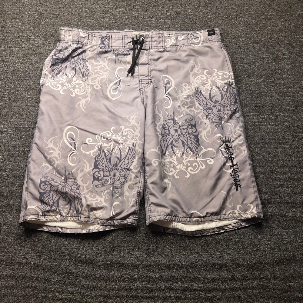 American Crown Board Shorts Mens XL Grey Tribal Graphic Winged Dagger Y2K Skater